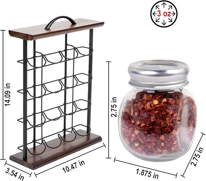 Orii 16 Jar Acacia Wood & Metal Wire Spice Rack with Spices Included, Storage for Spices and Seasoning, Black & Brown