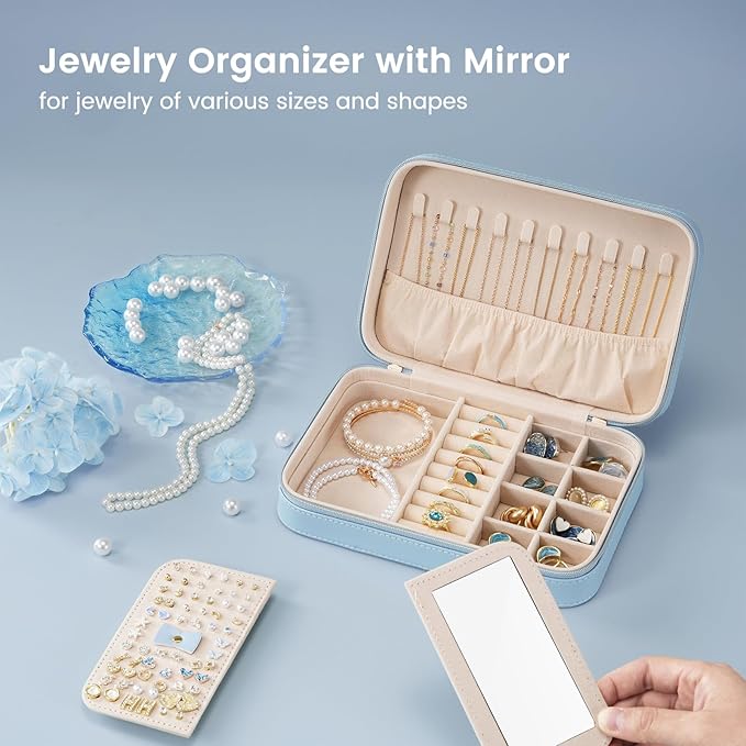 Lolalet Travel Jewelry Case for Women, Travel Jewelry Organizer Box with Mirror & Clear Storage Bag, Small Portable Traveling Earring Necklace Bracelet Ring Case, Bridesmaid Gifts -Medium, Blue