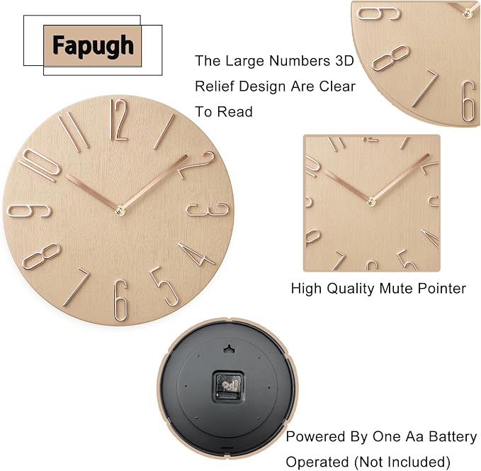 Faupugh 12 inch Silent Wall Clock, Battery Powered Wall Clock Decoration Clock, Suitable for Home, Office, School, Kitchen, Bedroom, Living Room (Beige)