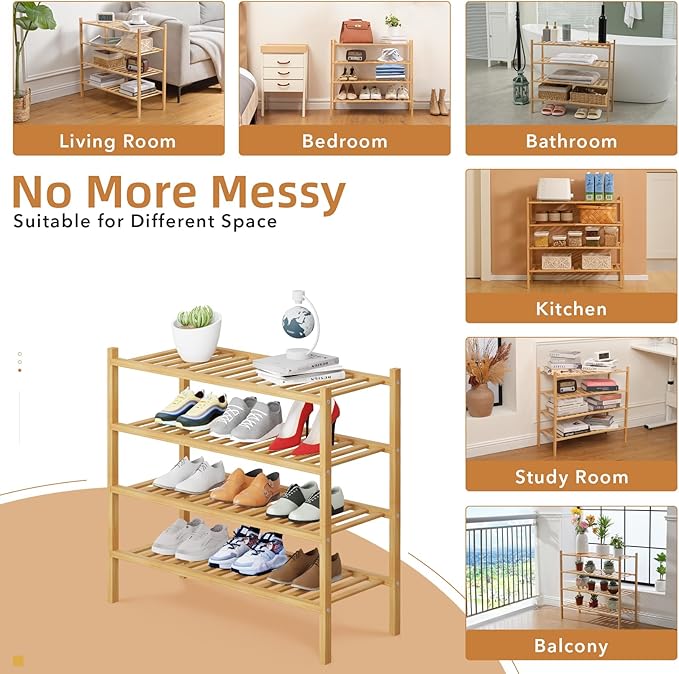 4 Tier Bamboo Shoe Rack Storage Organizer for Closet, Multifunctional Stackable Free Standing Shoe Shelf Organizer for Small Space,Entryway,Hallway,Bathroom 27"x11"x26"(Natural, 4 Tier)