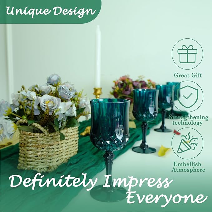 Plastic Wine Glasses，Plastic Goblets Vintage Style Cordial Drinking Glasses for Wedding Reception, Grand Event Party Supplies (24, Green)