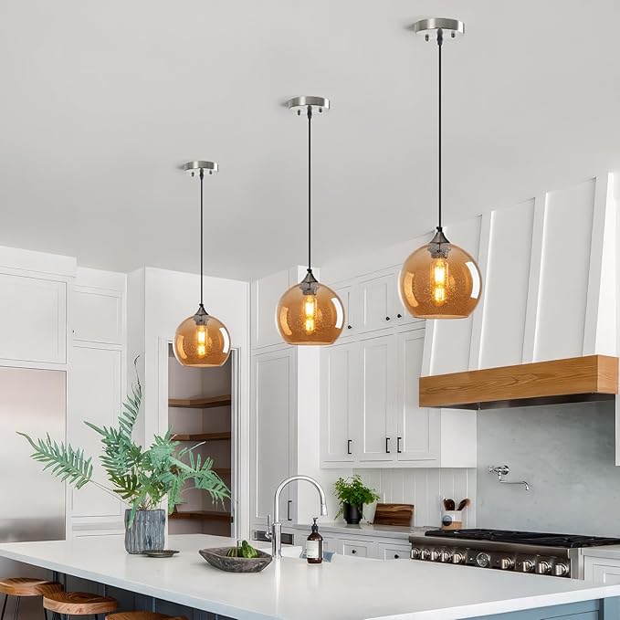 Amber Glass Pendant Lights Kitchen Island Lighting Globe Pendant Light Fixtures Modern Pendant Lighting for Bedroom Living Dining Room Light Fixture (7.87 in, 3 Pack)