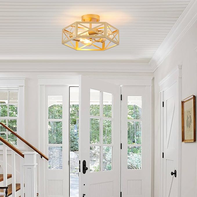 Flush Mount Ceiling Light, Gold Light Fixtures Ceiling Mount, 3 Light Modern Close to Ceiling Light Fixture with Metal Hexagon Cage Brass Lights for Kitchen, Hallway, Bathroom
