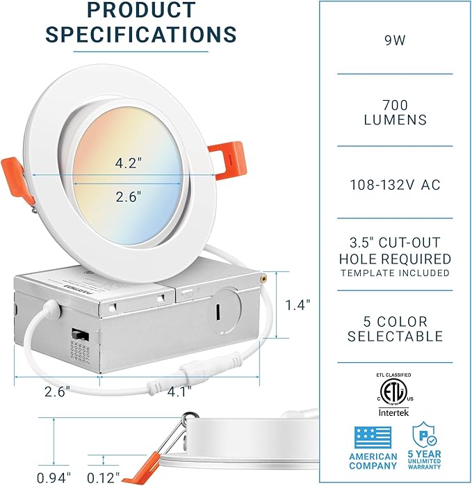 PARMIDA (6 Pack) 4 Inch LED Gimbal 5CCT Recessed Lighting, Directional Adjustable Canless Ceiling Light with J-Box, 2700K-5000K 5 Color Selectable, 9W, Eyeball Ultra-Thin Slim Panel, Dimmable, ETL
