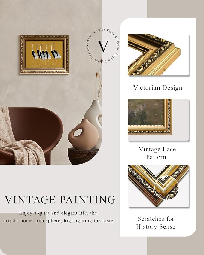 VIYYIEA Gold Framed Wall Art, Seven Cranes Canvas Print Home Decor Vintage Art Painting Picture Bathroom Wall Decor, Animals Artwork for Living Room Bedroom Kitchen Office - 10L x 8W