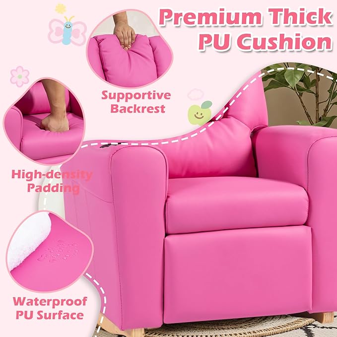 AVAWING Kids Recliner Chair with Cup Holder, Leather Toddler Recliner with Adjustable Backrest, Curved Rocking Legs and Comfy Armrests for Bedroom or Nursery, Pink
