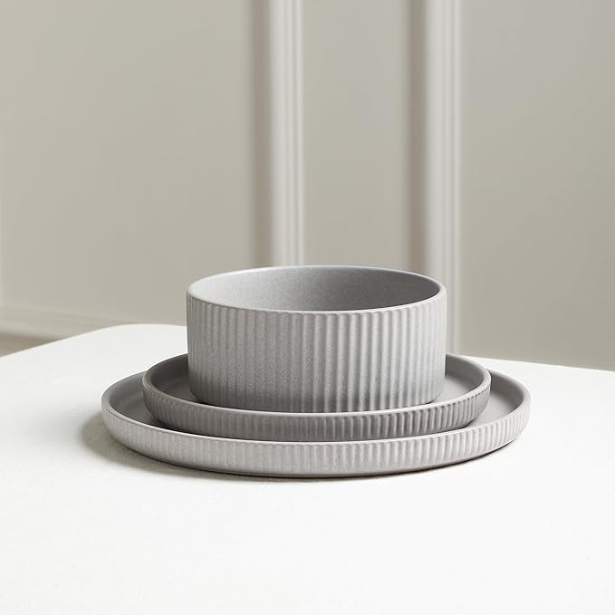 Stone Lain Haven Stoneware 24-Piece Dinnerware Set, Grey - Plates and Bowls Sets for 8, Elegant Dish Set, Includes Dinner Plates, Salad Plates Cereal Bowls, Microwave & Dishwasher Safe