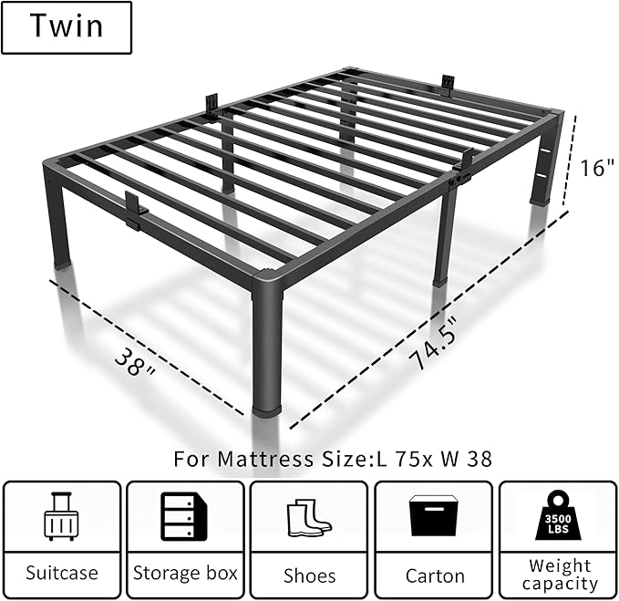 ROIL 16 Inch Twin Bed Frame with Rounded Corner and Headboard Hole Mattress Retainers 3500LBS Metal Heavy Duty Steel Slats No Box Spring Needed Platform Noise-Free Easy Assembly