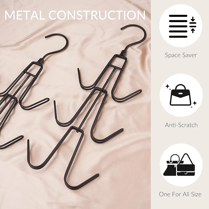 ZEDODIER Purse Hanger Organizer for Closet, 2 Pack Hanging Bag Holder, Keeping Purses Visible And In Good Condition, Metal Handbag Storage Hook Backpack Rack Space Saving Hanger, Black