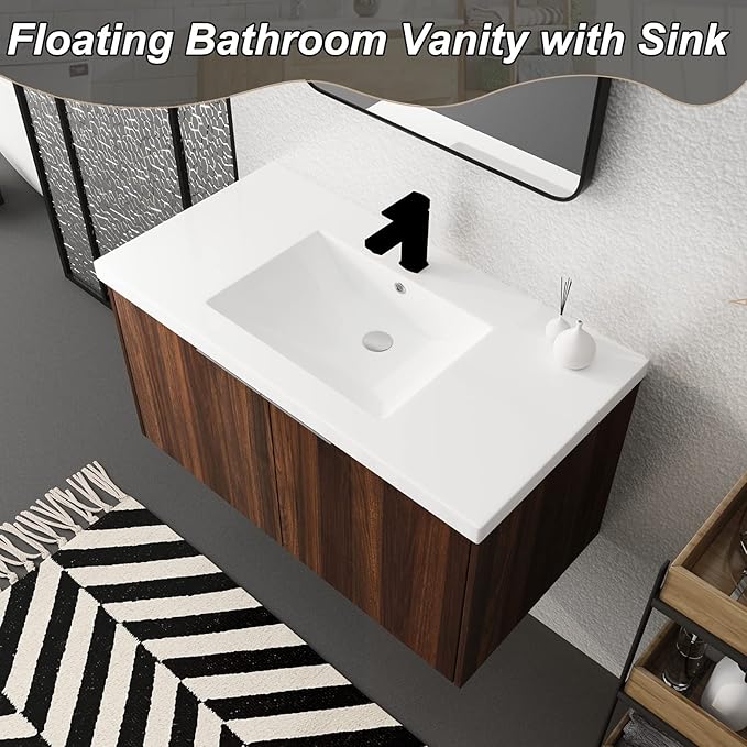 Goujxcy 36" Wall Mounted Bathroom Vanity with Sink, Modern Floating Bathroom Cabinet with White Resin Wash Basin & Storage Cabinet, Soft-Close Door Wood Hanging Bath Room Cabinet