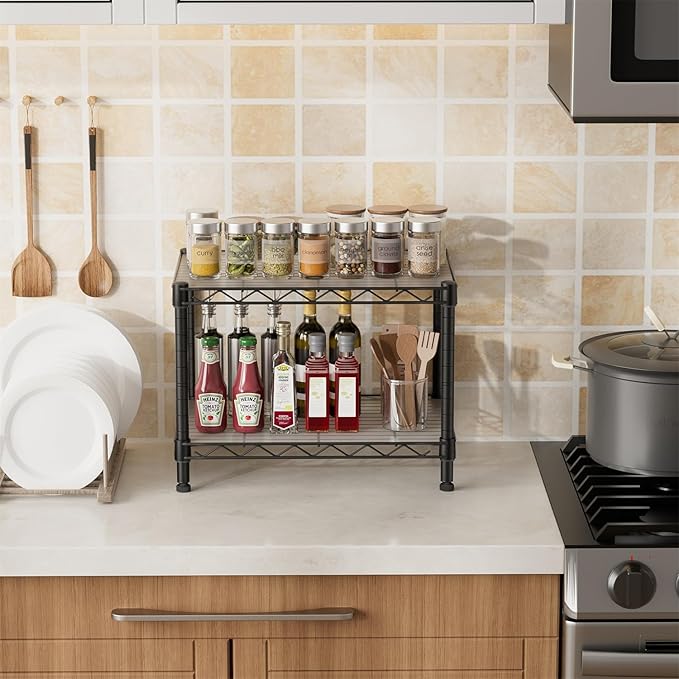 Small 2 Tier Shelves Storage Wire Shelving Unit Metal Shelf Adjustable Organizers Storage Shelving with Wheels for Bathroom Laundry Room Kitchen Pantry12”D x 18”W x 12.2”H Black