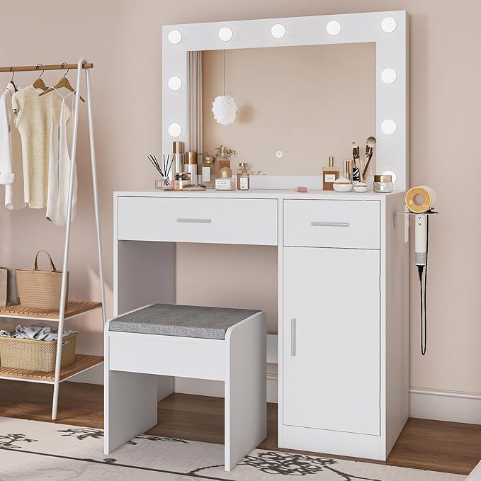 Makeup Vanity with Stool, Large Drawer and Power Socket with 11 Light Bulbs and 3 Adjustable Lighting Modes, Vanity Table for Bedroom (White)