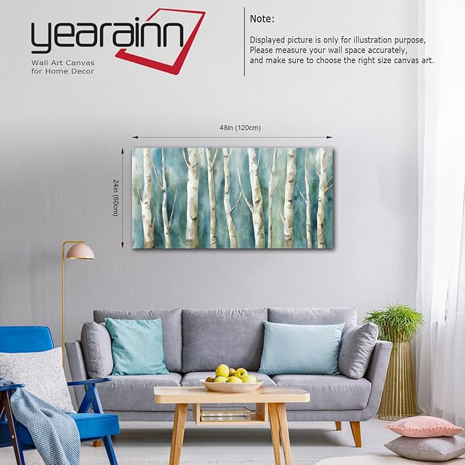 Birch Trees Canvas Wall Art - Abstract Birch Pictures for Wall Decor Modern Turquoise Canvas Painting Nature Printing Artwork for Living Room Bedroom Home Office Wall Decoration 24" x 48"