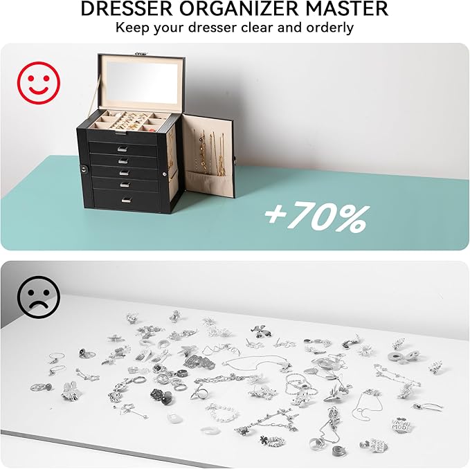 Frebeauty Large Jewelry Box,6-Tier PU Leather Jewelry Organizer,Multi-functional Storage Case with Mirror,Accessories Holder with 5 Drawers for Necklace Bracelets Watches(Black)