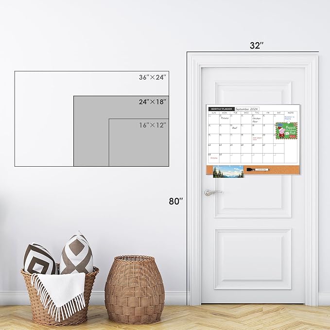 ARCOBIS Dry Erase Calendar with Cork Board for Wall, 24"x 18" Magnetic Calendar Whiteboard with Silver Frame, Monthly Combination Board for School, Home, Office