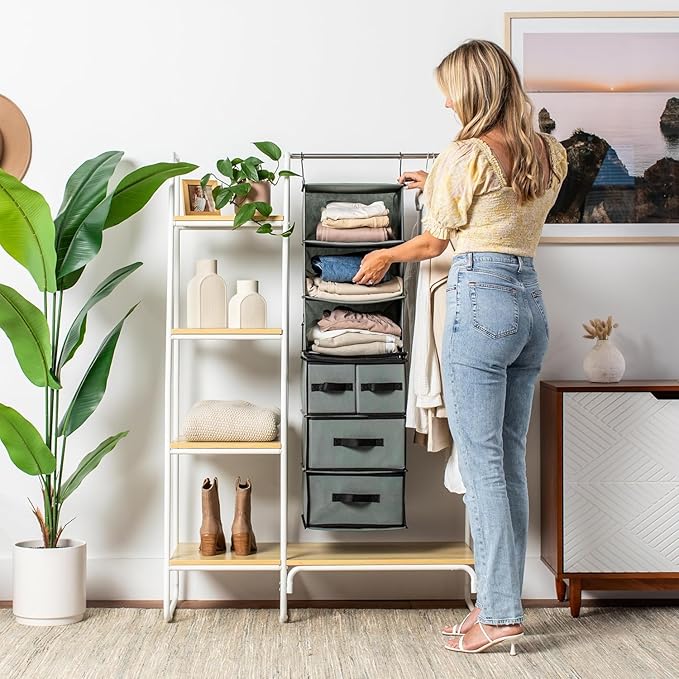 SMIRLY 6 Shelf Hanging Closet Organizer Hanging Shelves, Closet Hanging Organizer with 2 Sturdy Hooks for Wardrobe, Nursery, Storage (Grey, Separate)