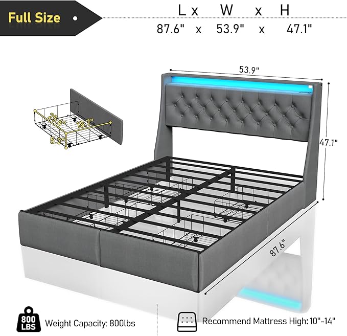 SADENICEL Full Size Bed Frame with Storage Headboard and 4 Drawer, Metal Full Bed Frame Platform with LED Light, Charging Station, No Box Spring Needed, Noise Free, Easy Assembly, Grey