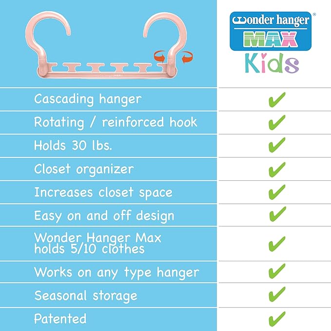 Wonder Hanger Max 10-Pack Space Saving Hangers, Reinforced Hooks Swivels 360°, Cascading Hanger, Teens, College Dorms, Kids & Closet Organizer, Assembled – Pastel Pink