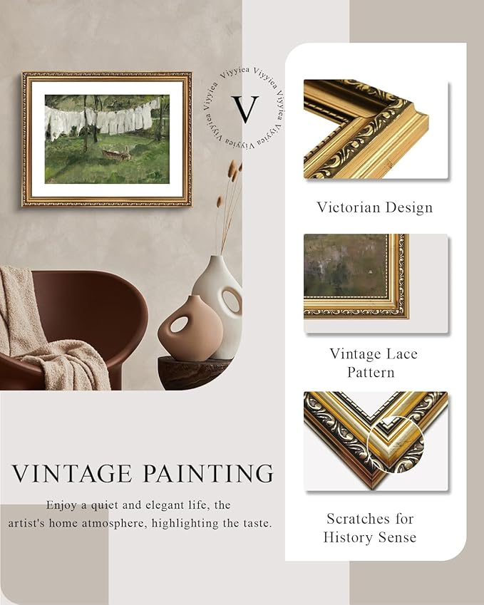 VIYYIEA Gold Framed Wall Art Canvas Print Home Decor Vintage Laundry Room Art Prints Antique Country Oil Painting Green Landscape Wall Decor Bathroom Art Wall Pictures for Living Room Bedroom 16x20in