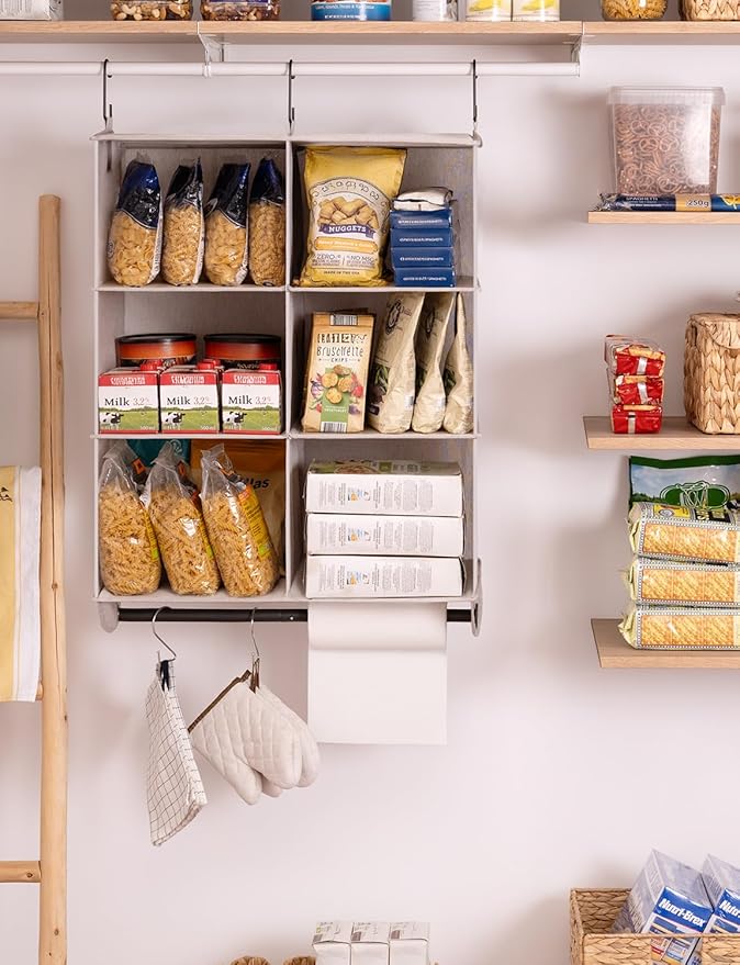 StorageWorks Hanging Closet Organizer with Metal Rod, 6-Section Closet Organizers and Storage, Collapsible Hanging Shelves for Wardrobe Organizer, Nursery, Bedroom, Light Khaki