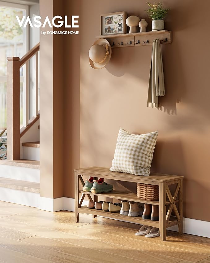 VASAGLE, Entryway Storage Bench, 2-Tier Shoe Rack, 11.8 x 39.4 x 18.9 Inches, Holds up to 600 lb, Farmhouse Style, for Living Room, Bedroom, Honey Brown ULSB153K41