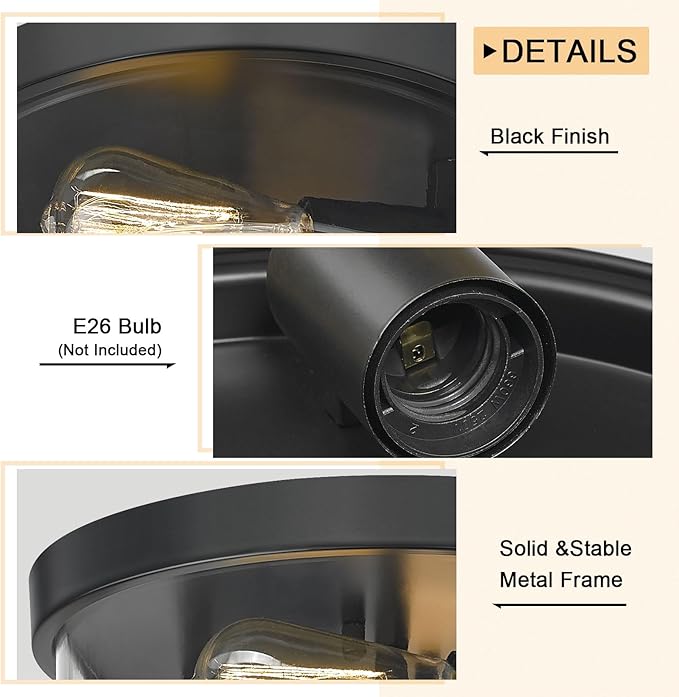 Flush Mount Ceiling Light with Clear Glass Shade, 2-Light Indoor Outdoor Farmhouse Lighting Flush Mount Lights for Kitchen Bedroom Porch Living Dining Room(Black)