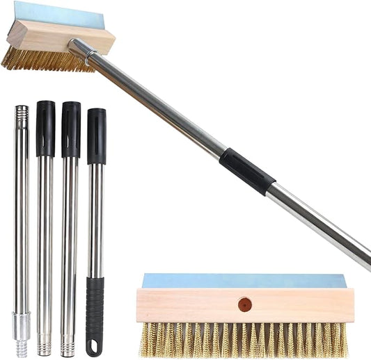 Stainless Steel Pizza Oven Brush, Grill Brush with 4 Sections Detachable Long Rod Design and Scraper, Brass Bristles Pizza Brush for Restaurants, Commercial Cleaning, Kitchens, BBQ Shelf