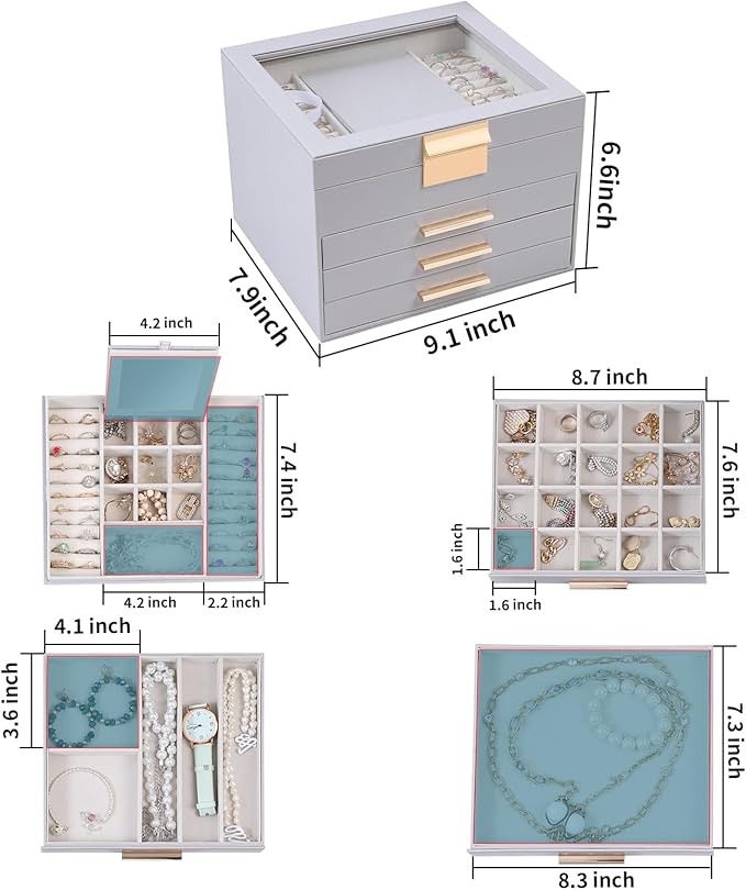 BOOVO Clear Lid Jewelry Box,4 Layers Jewelry Organizer Large Jewelry Storage Box with 3 Drawers,Jewelry Holder Organzier of Rings Earrings Necklace Bracelets for Women (Grey, 4 Layer)