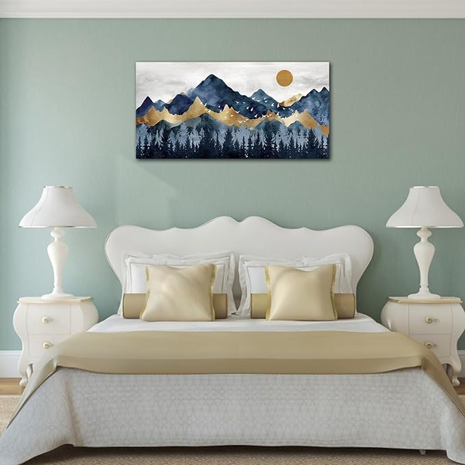 Abstract Nordic Canvas Wall Art - Indigo Blue and Brown Mountain Forest Picture Wall Decor Sun Birds Canvas Painting Nature Landscape Prints Artwork for Living Room Bedroom Decoration 24" x 48"