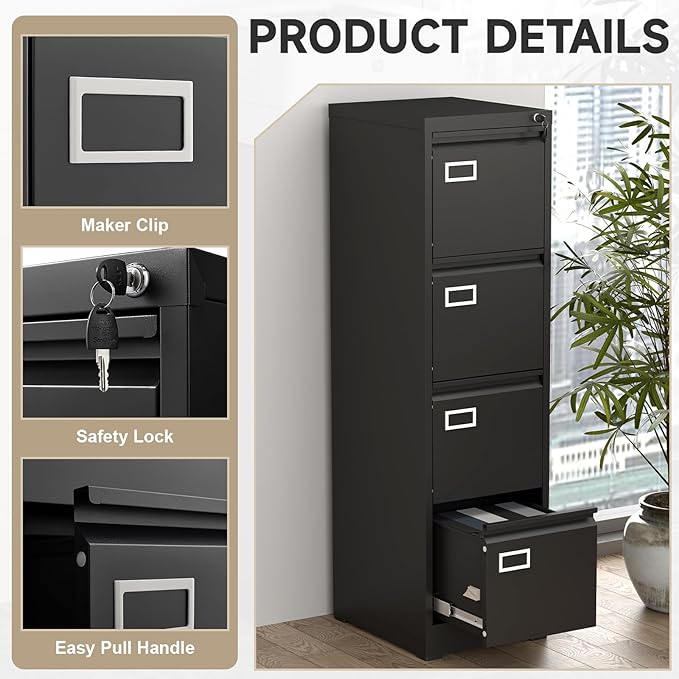 4 Drawer File Cabinet with Lock,Vertical Narrow Filing Cabinets for Home Office, Metal Black File Cabinet for A4 Legal/Letter Size