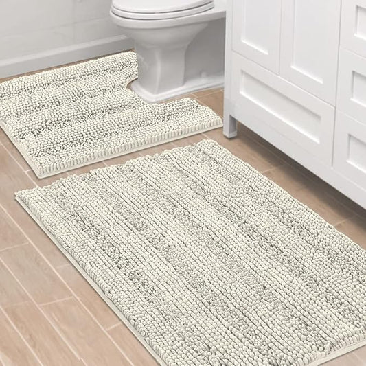 H.VERSAILTEX Bathroom Rugs Bath Rug Set 2 Piece Bathroom Contour Rug Toilet Mat Sets Non Slip Contour Bath Rug Ultra Thick Water Absorbent Striped Bath Mats Washable(36" x 24" Plus 20" x 24" U, Cream)