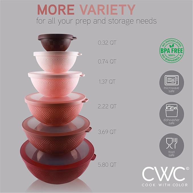 COOK WITH COLOR Mixing Bowls with Lids - 12 Piece Plastic Nesting Bowls Set includes 6 Prep Bowls and 6 Lids, Rhombus Design - Microwave Safe (Rose)