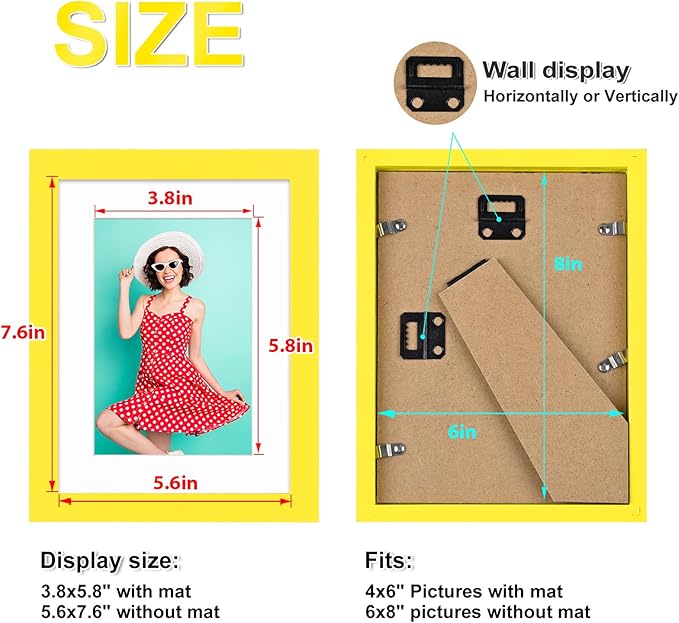 KINLINK 6x8 Picture Frames Yellow, Solid Wood Frames with Acrylic Plexiglass for Pictures 4x6 with Mat or 6x8 without Mat, Tabletop and Wall Display Photo Frame, Set of 4