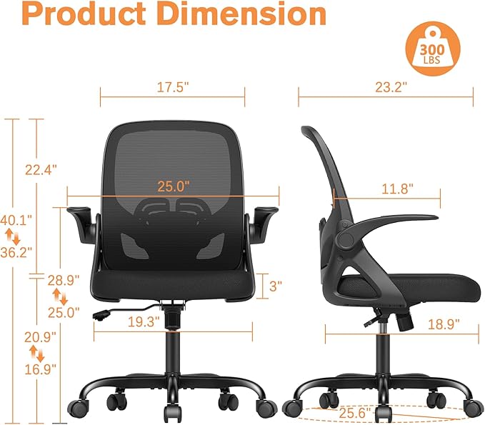 Home Office Desk Chair with Supportive Lumbar Support and Flip up Arms, Breathable Double Mesh Ergonomic Home Desk Chair for Home or Work with Extended Height(Black)