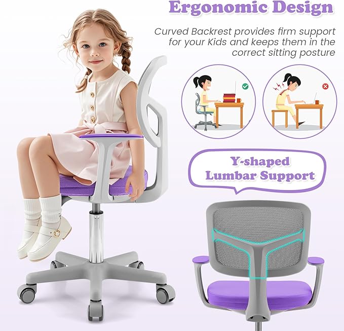 Giantex Kids Desk Chair, Children Computer Chair with Wheels and Y-Shaped Lumbar Support, Mesh Kids Office Chair, Height Adjustable Desk Chair for Girls Boys Aged 4-13, Purple