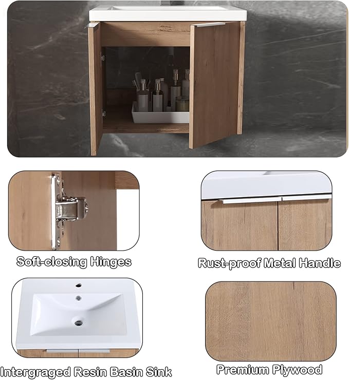 Goujxcy 24" Wall Mounted Bathroom Vanity with Sink, Modern Floating Bathroom Cabinet with White Resin Wash Basin & Storage Cabinet, Soft-Close Door Plywood Hanging Bath Room Cabinet (Imitative Oak)