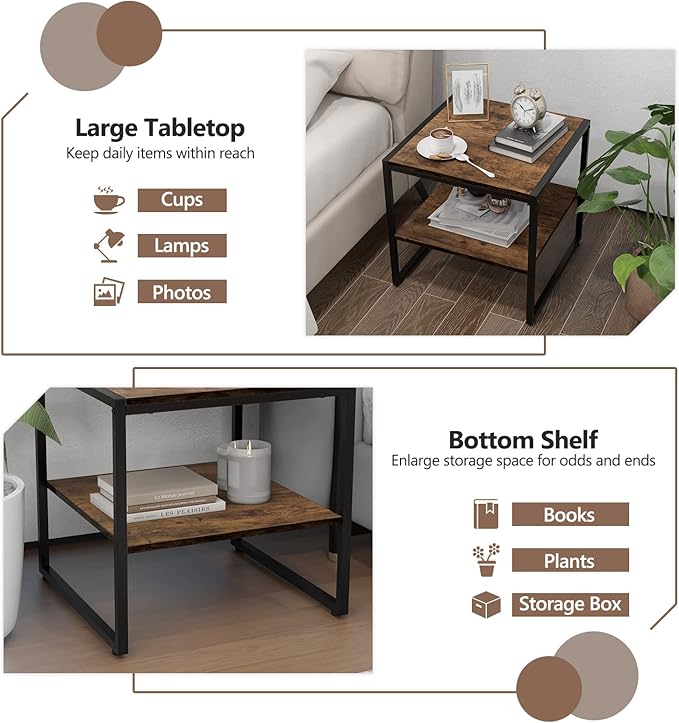 GOFLAME Square End Table Set of 2, 2-Tier Sofa Side Table with Open Shelf, Metal Frame, Industrial Tea Table, Compact Nightstand for Small Space, Bedside Table for Living Room, Bedroom, Rustic Brown