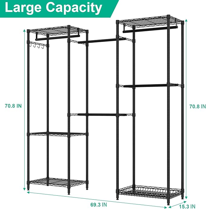 Freestanding Closet System, Large Free Standing Closet Rack Organizer for Hanging Clothes Adjustable Metal Wire Clothing Rack with 5 Shelves & 5 Rods, Black