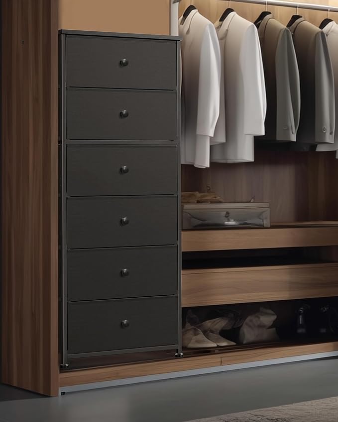 Tall Fabric Dresser for Bedroom, Vertical Storage Organizer Tower with 6 Drawers, Chest of Drawers with Bins, Steel Frame, Wood Top for Bedroom, Closet, Entryway Black