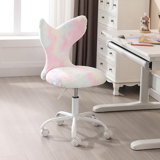 Fuzzy Desk Chair, Cute Swivel Children Desk Chair with Wheels for Kids Bedroom Upholstered Rolling Study Chair Adjustable Computer Chair Mermaid Back Vanity Chair for Teen Girls Boys, Pink Colorful