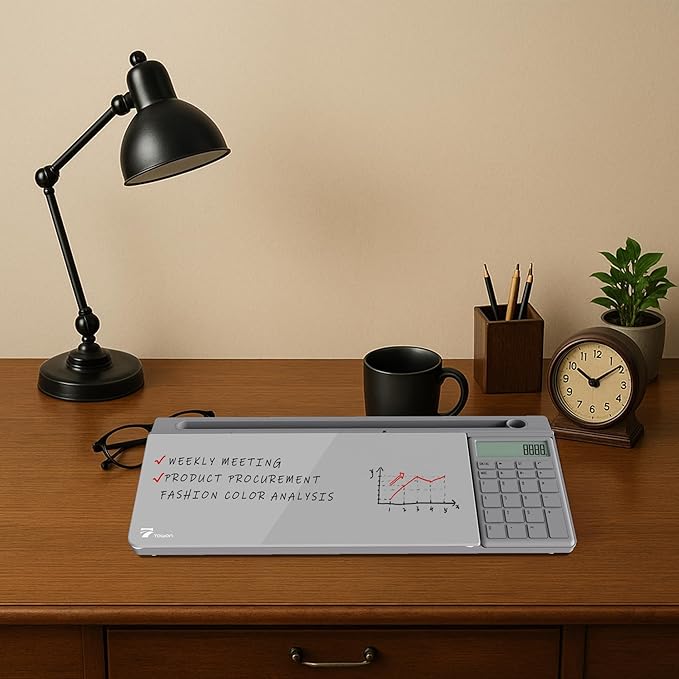 TOWON Desktop Glass Whiteboard with Basic Calculator, 12 Digit LCD Display, Desk Organizers with Accessories for Office, Home, School Supplies, Storage with Dry Erase Board Surface, Gray, 18'' x 6''