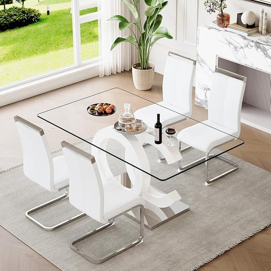 63'' Glass Dining Table Set for 4, Kitchen Table Chairs Set of 4, Clear Glass Dining Table with White unique design Leg and Silver Metal Base, 4 PU Dining Chairs with Metal Legs, Living Room, Kitchen.