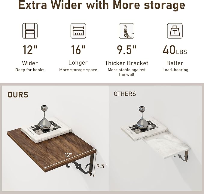 Deep Floating Shelves, 16" W x 12" D Wall Shelves Set of 2, Wide Display Shelf Wall Mounted with Brackets, Bookshelf for Living Room, Bathroom, Bedroom, Walnut