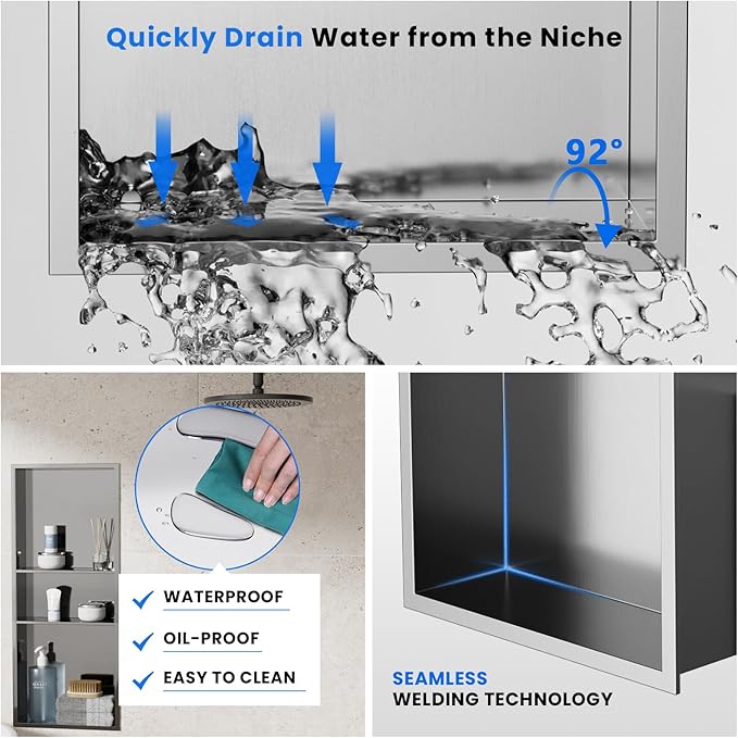 POPFLY No Drill Brushed Nickel Shower Niche 12"x30", Stainless Steel Recessed 3-Layer Shelf - No Tile Needed Waterproof Bathroom Wall Niche Insert Storage Organizer