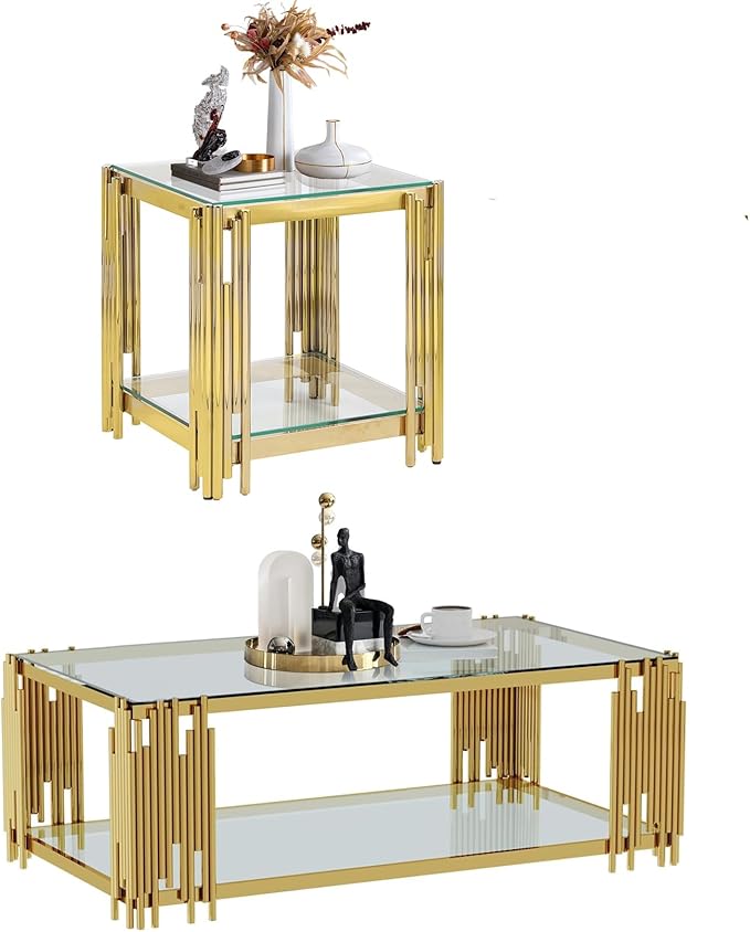 Goujxcy Glass Modern Coffee Table Set of 2 with Storage, Glass Top and Stainless Steel Frame, Living Room Table Set for Apartment Home Office