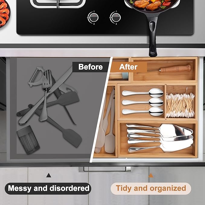 Bamboo Drawer Organizer 5 Pcs for Kitchen Multi-purpose Storage Dividers for Kitchen, Office, Jewelry, Cosmetics, Wooden Drawer Dividers for Drawer Organizer Desk Organizer Gift for Women Gifts Idea