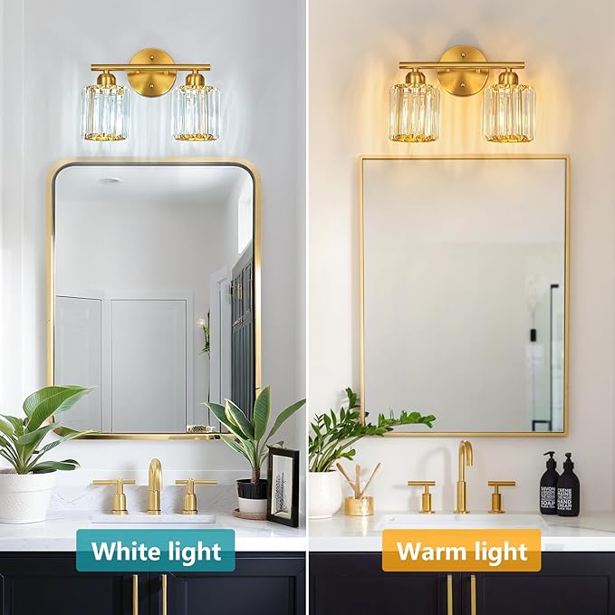 Modern 2 Light Crystal Vanity Light, Brushed Gold Vertical Bathroom Light Fixture Over Mirror for Dressing Table Sink, Compatible with Dimmable Bulbs (Bulbs Not Included)