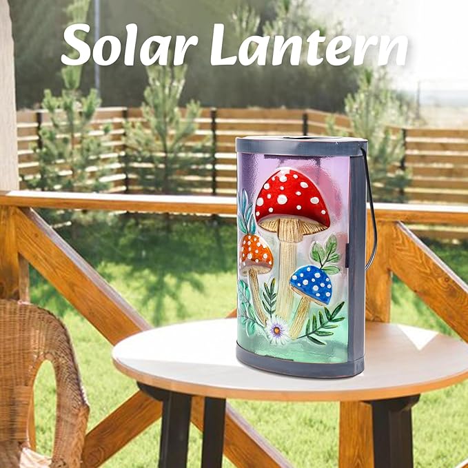 Hanging Solar Lantern Outdoor Waterproof Mushroom Solar Lights Glass Tabletop Decorative Lamp for Outdoor Patio Garden Outside Yard Decor