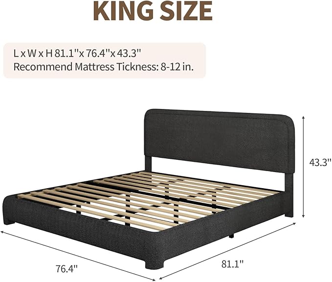 BarnFurin King Size Boucle Bed Frame and Headboard, Cloud Upholstered Platform Bed Frame, Soft Rounded Corners, Modern Style, No Box Spring Required, Easy Assembly, Black