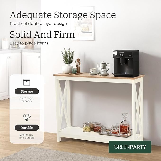 GREEN PARTY Vintage Farmhouse Entryway Console Table, 2-Tier Narrow Sofa Table with Storage Shelf for Living Room and Hallway, Rustic White Accent Furniture with Sturdy X-Shaped Legs